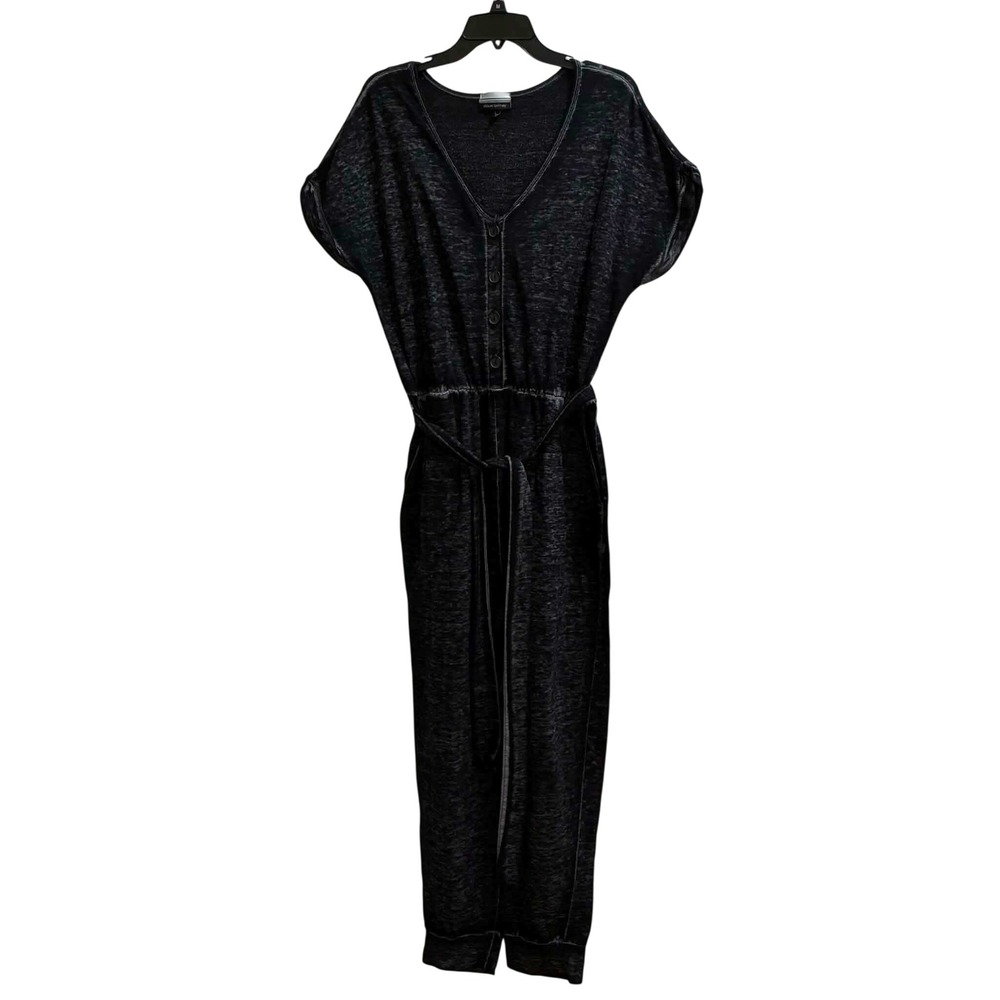 Allison Brittney Jumpsuit Womens L Black Acid Wash Belted Short Sleeve Casual
